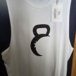 Zyia White Tank Top with Black Kettlebell Design